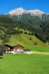 Image showing Alpine chalet and meadows under the mountains