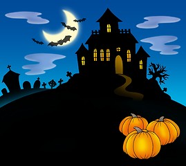 Image showing Haunted house with pumpkins