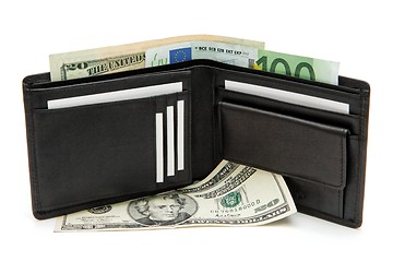 Image showing Black wallet with business cards and banknotes isolated