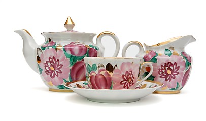 Image showing Beautiful tea service with floral pattern isolated 