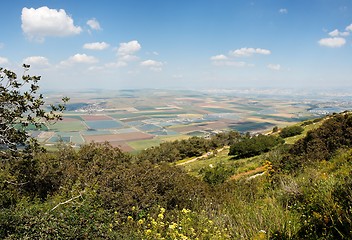 Image showing Panoramic view on patchwork of fields from  mountain 