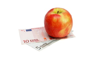 Image showing Red apple on small euro bills isolated