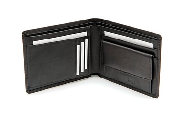 Image showing Open black wallet with white business cards isolated