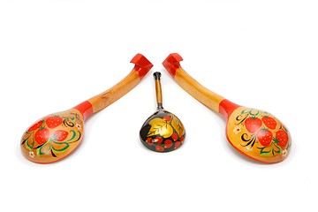 Image showing Three wooden Russian painted spoons isolated