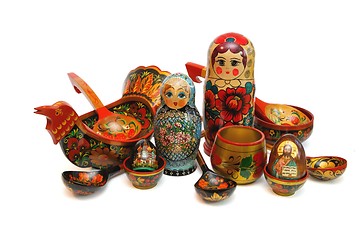 Image showing Assorted Russian folk wooden toys and utensils isolated