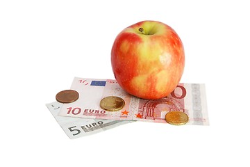 Image showing Red apple on small euro bills with coins  isolated