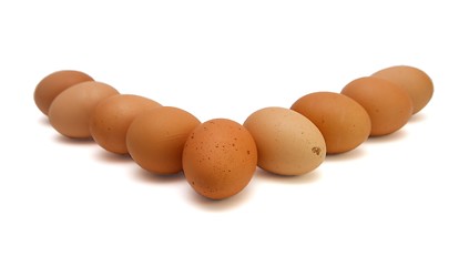 Image showing edge of nine brown eggs isolated