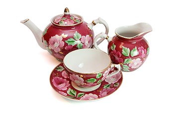 Image showing Beautiful tea service with floral pattern isolated 