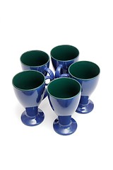 Image showing Circle of five blue coffee cups isolated