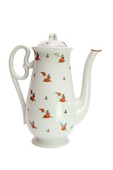Image showing White high teapot painted with dogroses isolated 