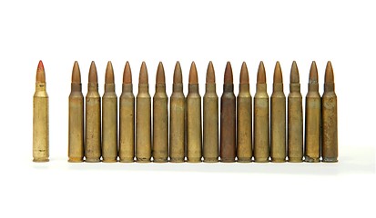 Image showing Row of standing 5.56mm rifle cartridges isolated