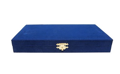 Image showing Closed dark blue velvet casket with golden lock isolated