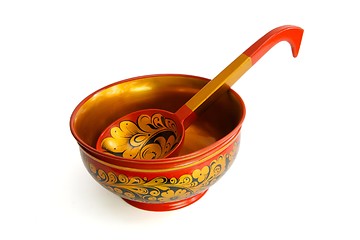 Image showing Russian wooden painted bowl with ladle isolated