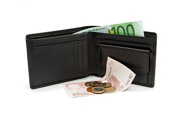 Image showing Black wallet and euro banknotes and coins isolated