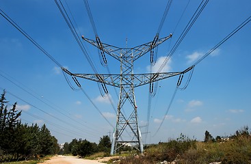 Image showing Two-tiered steel support of overhead power transmission line