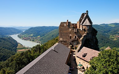 Image showing Roofs and towers of medieval castle in Danube valley 