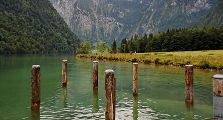 Image showing Green water and wooden mooring posts on green mountain lake