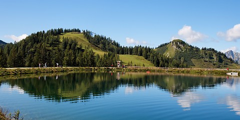 Image showing Two hills reflecting in pond