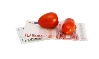 Image showing Small tomatoes on euro banknotes isolated