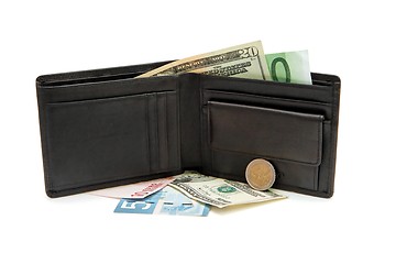Image showing Black wallet, banknotes and coins isolated