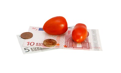 Image showing Small tomatoes on euro banknotes and coins isolated