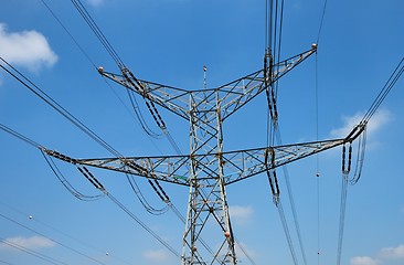 Image showing Two-tiered steel support of overhead power transmission line