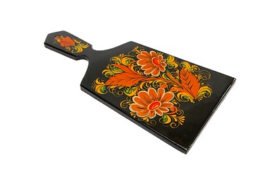 Image showing Russian black cutting board painted with flowers isolated