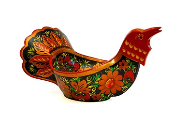 Image showing Russian wooden painted bowl in shape of bird isolated