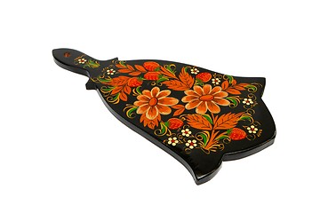 Image showing Russian black cutting board painted with flowers isolated