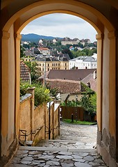 Image showing View of the Melk town in Austria through the archway