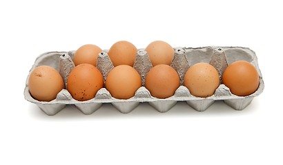 Image showing Nine brown eggs in a paper box isolated