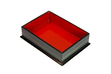 Image showing Open dark green wooden casket with red lining isolated