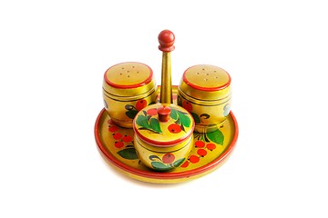 Image showing Russian wooden painted saltcellar, pepperbox and sugar basin isolated