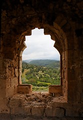Image showing Green landscape seen through window of ruined ancient castle