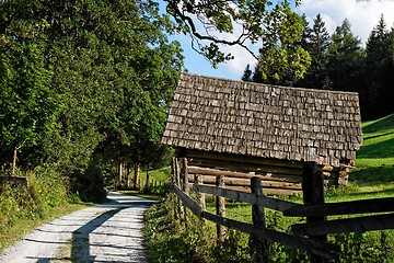 Image showing Rural landscape: hay shed at the roadside 