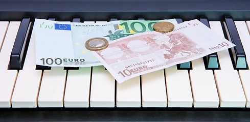 Image showing Euro bills and coins on electric organ keyboard
