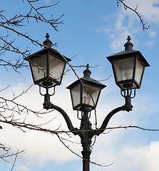 Image showing Retro street lantern and tree branches over cloudy sky