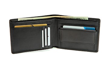 Image showing Open black wallet with business cards and dollars isolated