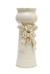 Image showing White porcelain vase with bow and golden furnish  isolated