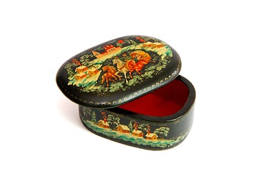 Image showing Oval Russian casket painted with troyka horses isolated