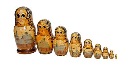 Image showing Russian Babushka nesting dolls painted as nuns of Kizhi monastery isolated