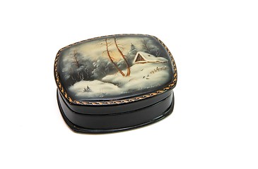 Image showing Russian oval black casket painted with winter landscape isolated