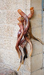 Image showing Bunch of shofars, or Jewish religious horns, on sale in the Old City of Jerusalem