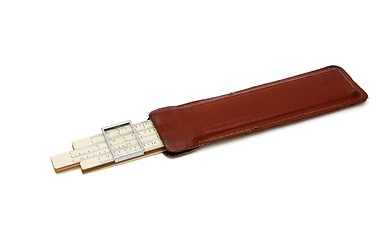 Image showing Vintage slide rule mechanical calculator in leather case isolated 