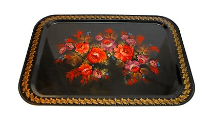 Image showing Russian black metal tray with floral pattern isolated