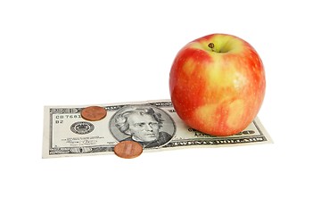 Image showing Apple on twenty dollar bill with coins isolated