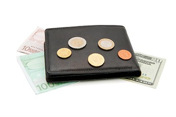 Image showing Black wallet, banknotes and coins isolated