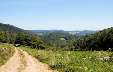 Image showing Country road among green hills and meadows