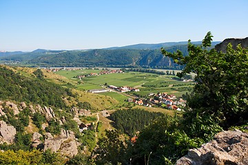 Image showing View of Danube valley and Durnstein town from the hill 