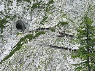 Image showing Path and entrance to Eisriesenwelt ice cave in Austrian Alps